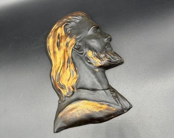 Vintage Chalkware Jesus Christ Wall Hanging Black Gold Mid Century Modern Decor