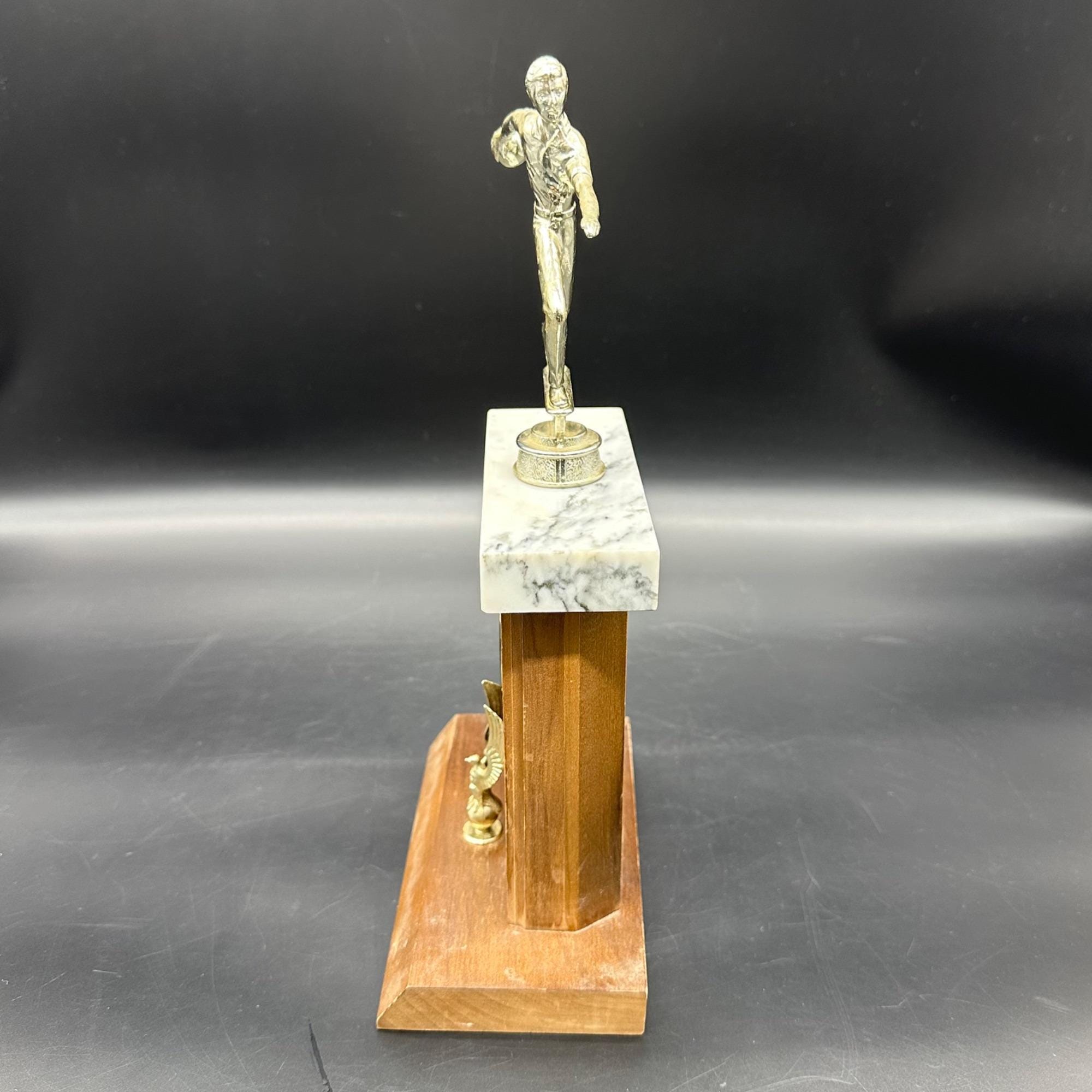 Vintage 1975 Mens Bowling Trophy Marble Wood Base Retro Award 