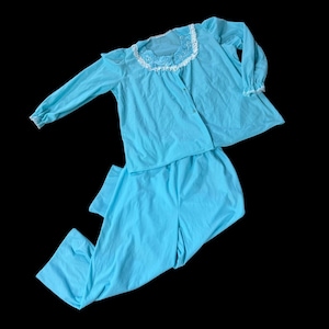 Conjunto de pijama vintage de mujer de los años 80, camiseta de manga larga, pantalones con cintura elástica, talla XL, poliéster, azul y blanco.