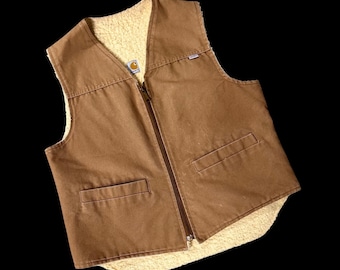 Vintage Carhartt Sherpa Lined Duck Brown Canvas Vest Workwear Hunting Cowboy