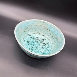 May include: A turquoise ceramic bowl with a speckled glaze. The bowl has a light blue and green color with dark green and black speckles.