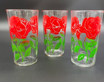 Vintage Water Glass MCM Red Rose Tumblers