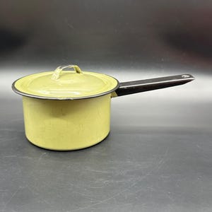 Vintage Green Enamelware Sauce Pan Black Metal Retro Kitchen Decor Mid Century As is