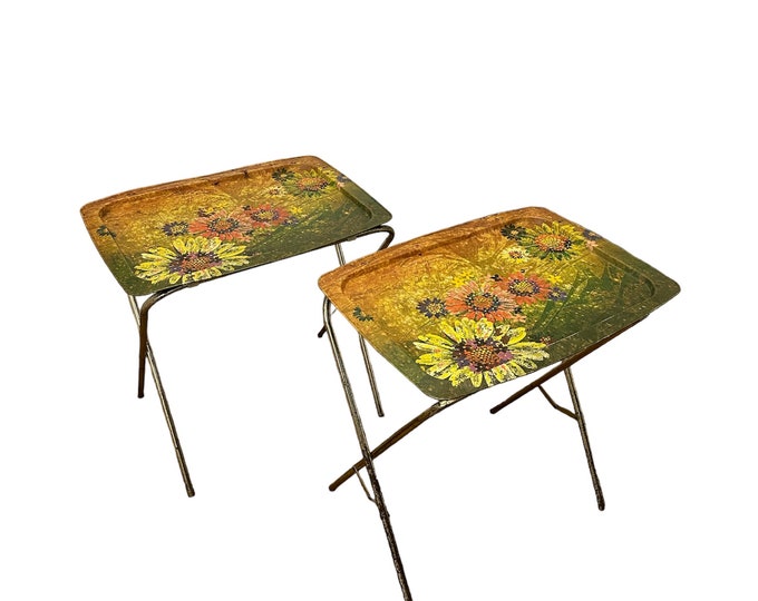 Vintage TV Trays Flower Power Daisies Metal Green Yellow Retro READ Etsy