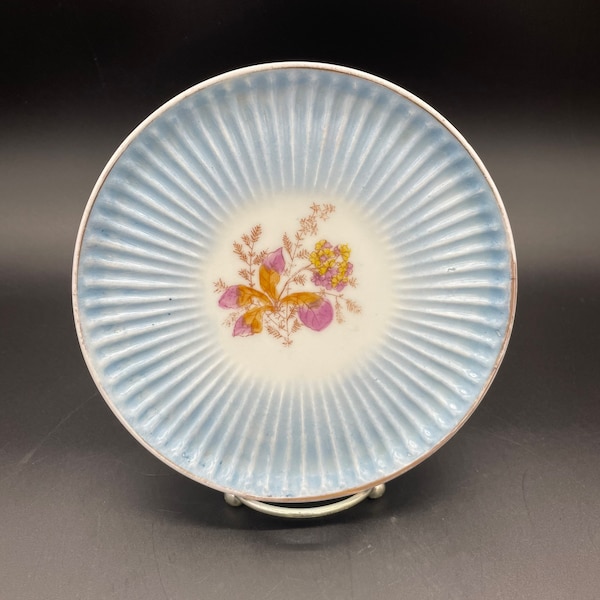 Vintage Plate Dish Ceramic Blue Fluted Flowers Hand Painted