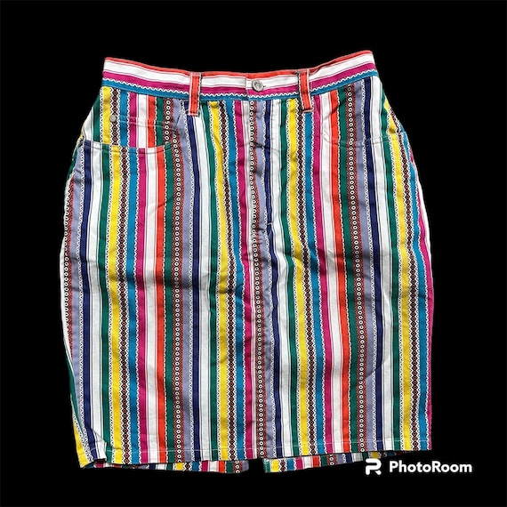 Vintage Skirt GitanoTribal Stripe 1990s Pink Whit… - image 1