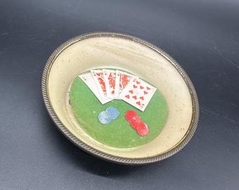 Vintage Poker Trinket Dish 1950er Jahre Glas Metall Spielkarten Schüssel Spielzimmer Retro