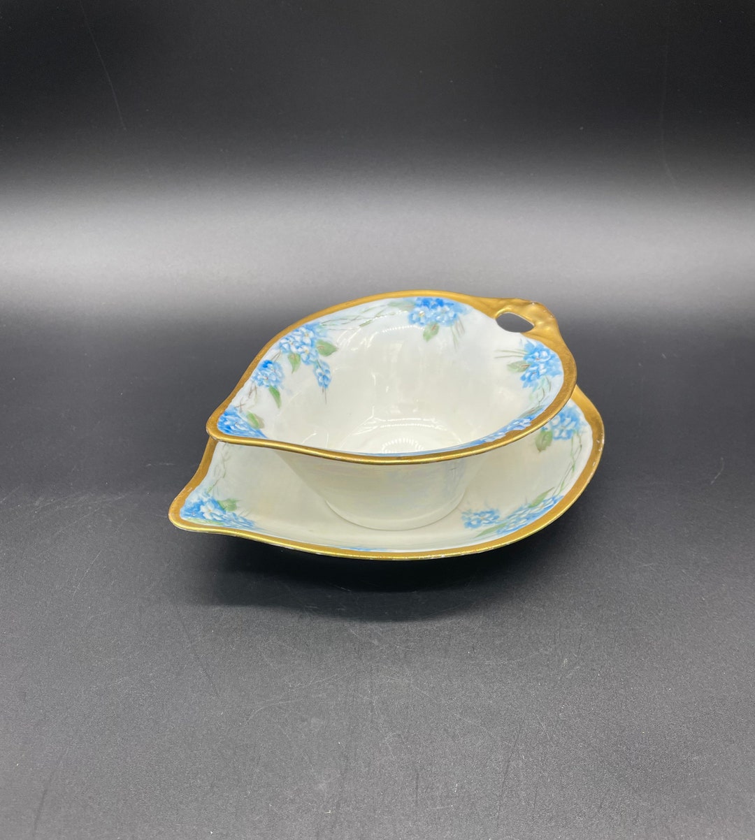 Antique Sauce Gravy Boat Under Plate Weimar Germany Blue Me Not