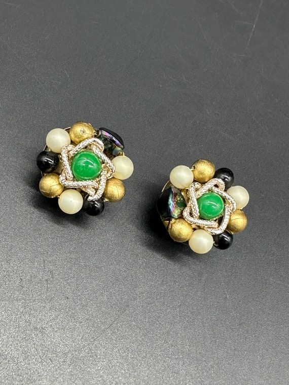 Vintage Clip On Earrings Beaded Cluster Japan Gree
