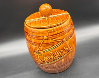 Vintage Whiskey Barrel Cookie Jar 50s McCoy USA Ceramic Farmhouse Retro Kitchen