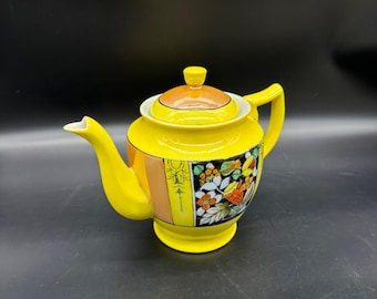 Vintage Teapot Japan Lusterware Yellow Floral Colorful Flowers 1940s Orange