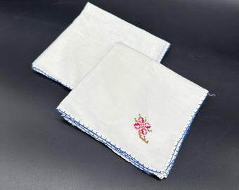 Vintage Handmade Napkins Floral Pink Cross Stitch Flowers Cotton Retro Set of 2