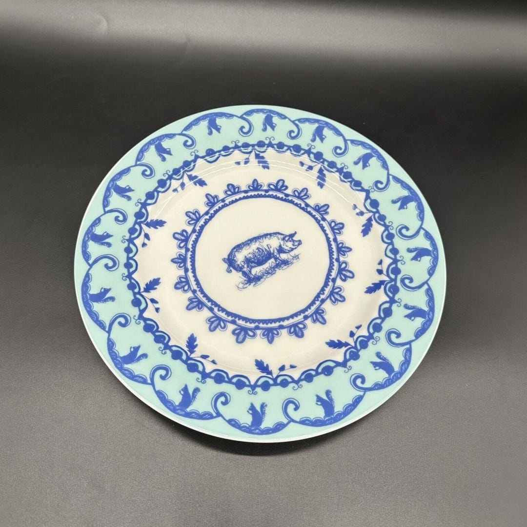 Anthropologie Dinner Plate Pig Squirrel Japan White Blue Decor