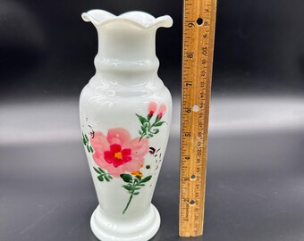 ヴィンテージ 吹きガラス 花瓶 手描き ピンク フラワー 花柄 フリル