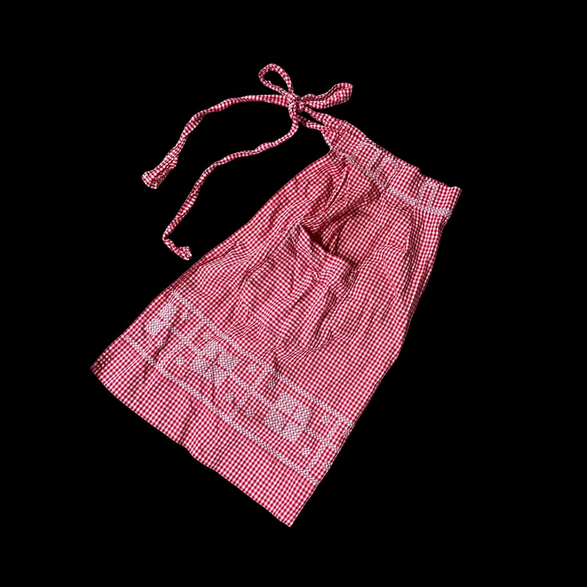 Vintage Apron Red White Gingham Cross Stitch Pocket Cotton