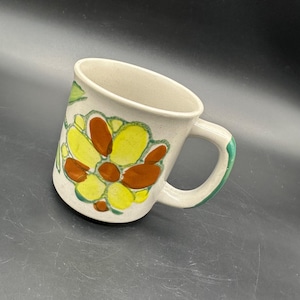 Vintage Stoneware Coffee Mug Hand Painted Daisy Floral Yellow Flower Retro Cup