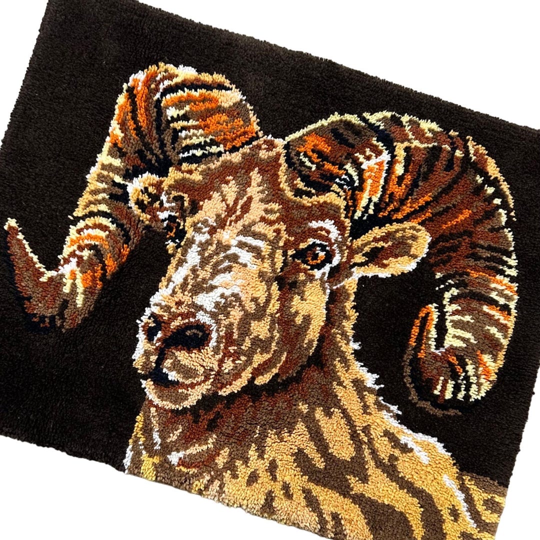Ram Fur Rug Vintage 1970s Latch Hook Rug Ram Sheep Shag Carpet Wall Hanging Boho ...