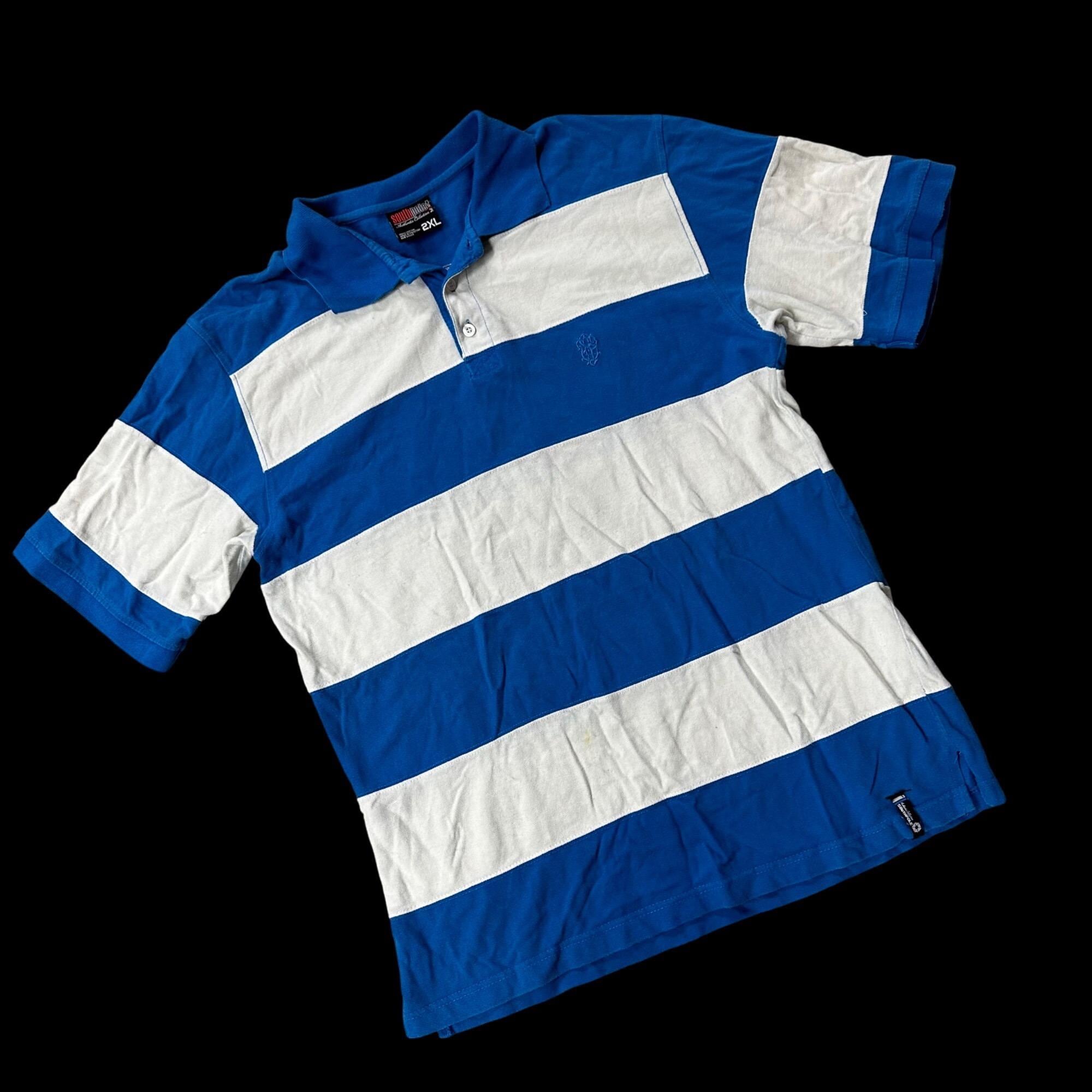 Vintage Southpole Polo Shirt 2XL Blue White Stripe Y2K 1990s Rugby