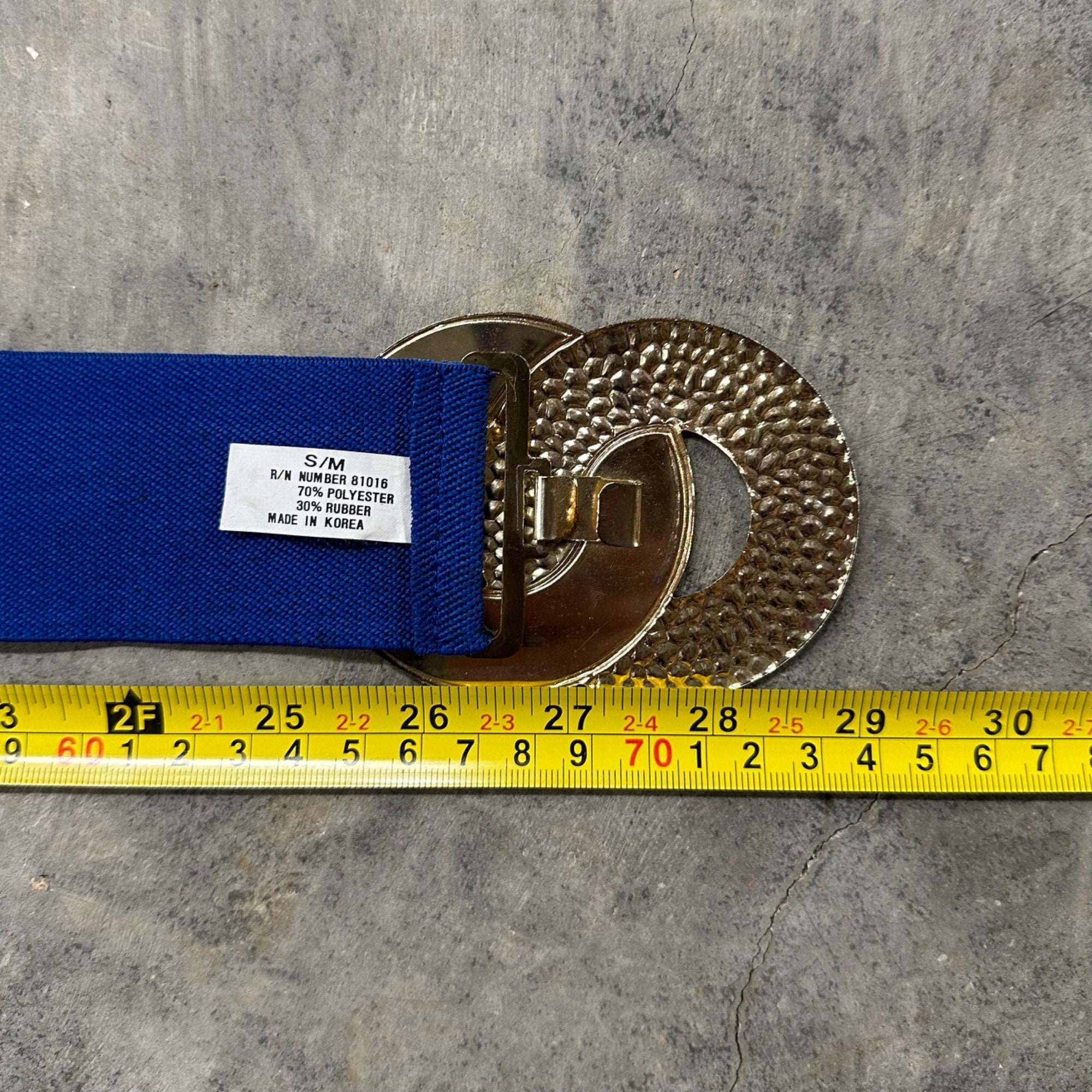 Vintage 80s navy blue Elastic Waist Belt Gold Circle Buckle leather enamel clasp 80s Royal Blue Wide Waist Belt | 2 main image 2