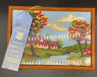 Vintage Framed Needlepoint Farm Barn River 1st Prize Handmade