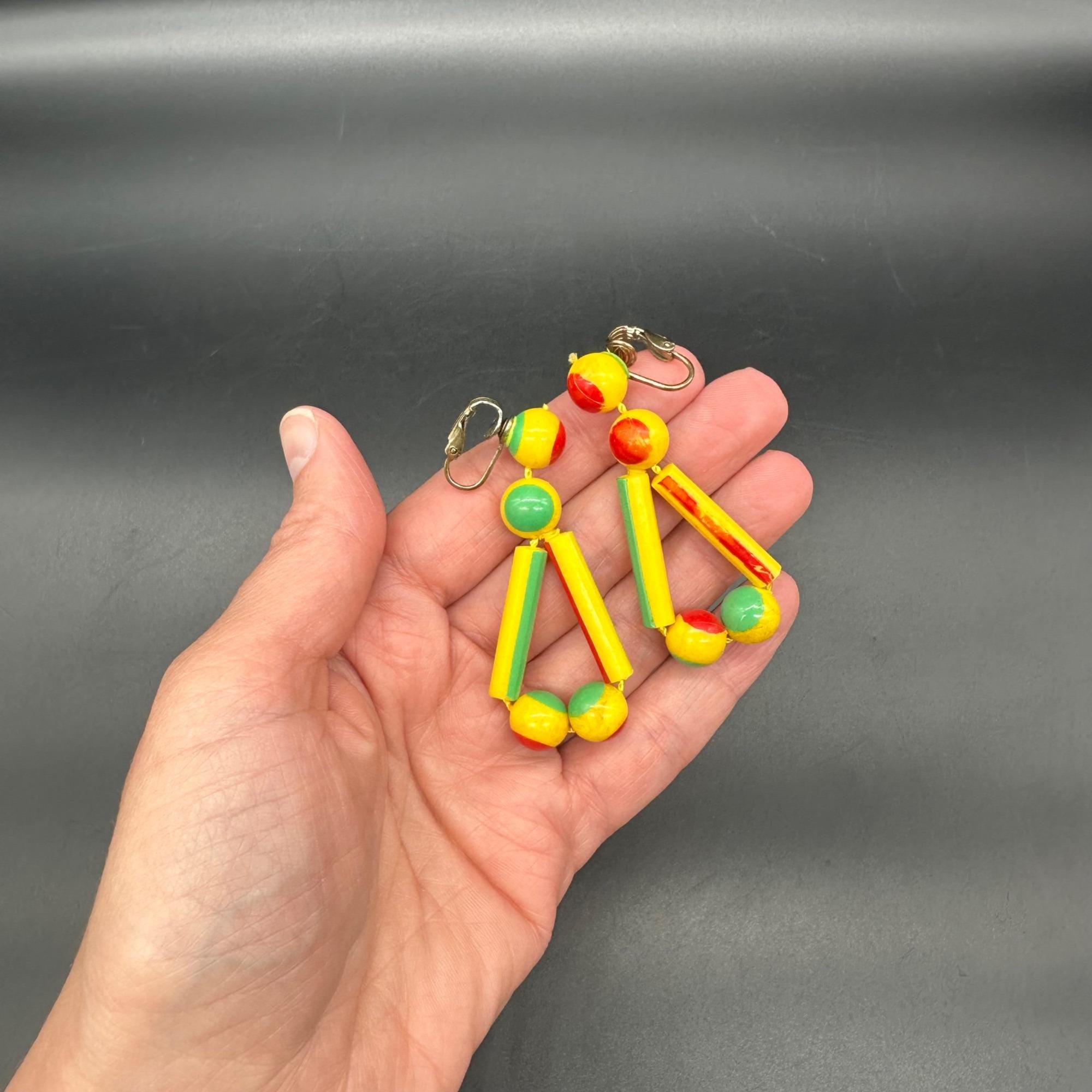 Boucles D'Oreilles Vintage à Clips - Perles Multicolores, Style Rétro, Qualité /183 - Occasion Bon État