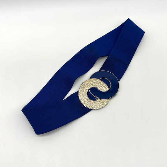 Vintage Ladies Belt Stretch Elastic Blue 1980s Gold Toned Metal