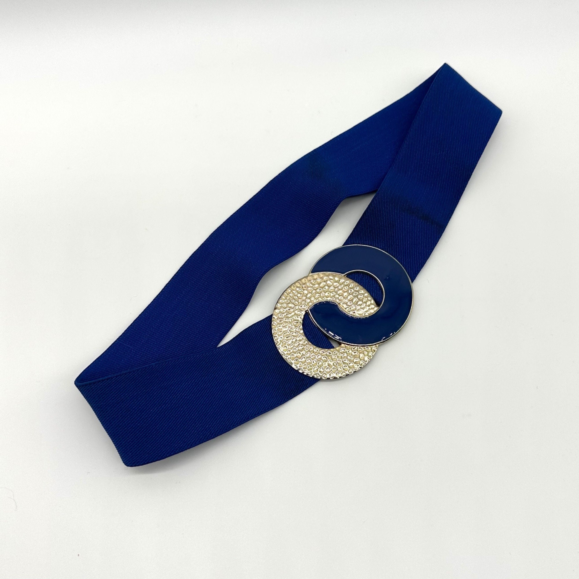 Vintage 80s navy blue Elastic Waist Belt Gold Circle Buckle leather enamel clasp 80s Royal Blue Wide Waist Belt | 2 main image 4