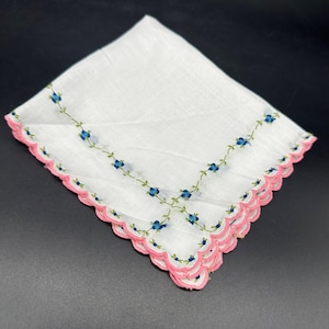 Vintage Handkerchief White Blue Floral Embroidery Pink Scalloped Edge Hankie Cottage