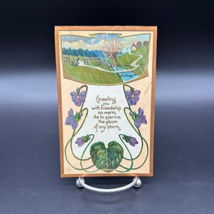 Antike Postkarte Gerahmte Lila Blumen Frühling Freundschaft