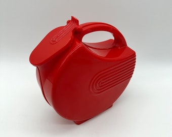 Vintage Pitcher Red Disc Jug Refrigerator Plastic Flip Lid Burrite Burroughs USA