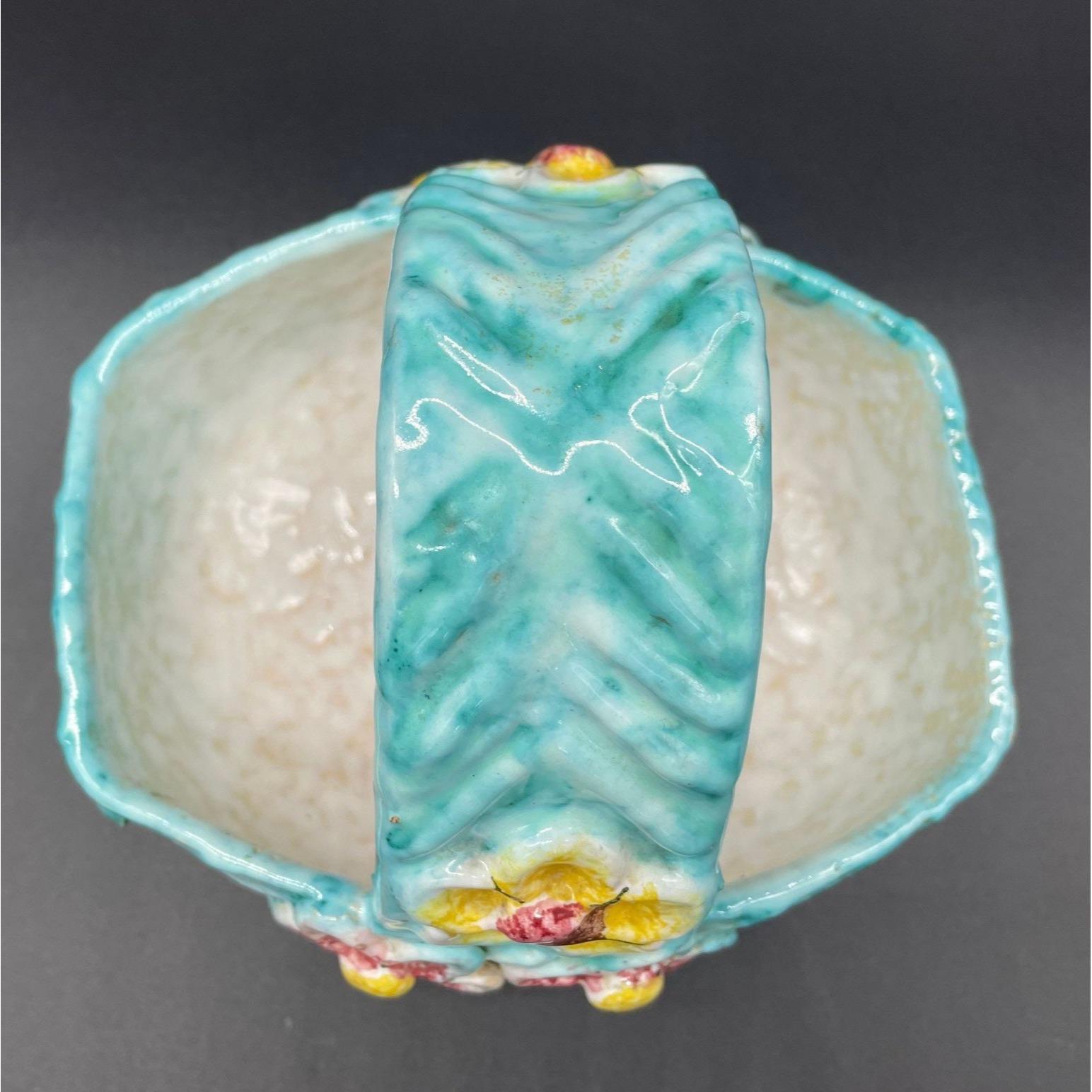 ヴィンテージ イタリア製陶器バスケット ブルー 花柄 ピンク イエロー