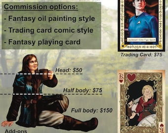 May include: A digital illustration of a woman with brown hair and a blue shirt sitting on a green background. The image is a price list for custom art commissions in different styles, including fantasy oil painting, trading card comic, and fantasy playing card. The prices are listed for head, half body, and full body commissions. Additional options include a detailed background and a print. The text "Nerdy Art by Lizard" is at the top of the image.