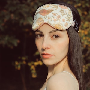 Muraki 100% 22 Momme Mulberry Silk Oversize Eye Mask-Silk Floss filling-Blackout Super Soft Breathable Sleep Mask- Purple Pink Bird Printed