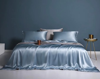 Muraki 100% 22 Momme Pure Mulberry Silk Bedding Set- Silk Duvet Cover/Fitted Sheet/ Pillowcase - Luxurious Silk Bed Linens - Serenity Blue