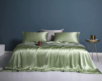 Muraki 100% 22 Momme Pure Mulberry Silk Bedding Set- Silk Duvet Cover/Fitted Sheet/ Pillowcase - Luxurious Silk Bed Linens - Sage Green