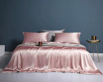 Muraki 100% 22 Momme Pure Mulberry Silk Bedding Set- Silk Duvet Cover/Fitted Sheet/ Pillowcase - Luxurious Silk Bed Linens - Pearl Pink