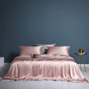 Muraki 100% 22 Momme Pure Mulberry Silk Bedding Set- Silk Duvet Cover/Fitted Sheet/ Pillowcase - Luxurious Silk Bed Linens - Pearl Pink