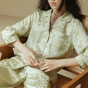 Muraki 100% 19 Momme Pure Mulberry Silk Floral Jacquard Pajama Set, Pale Lime/ Sunrise Yellow/ Pearl Pink Long Sleeves Pants Silk Pajama Pale Lime