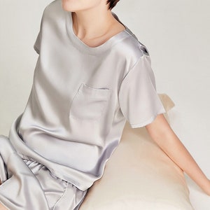 Muraki 100% Pure Mulberry Silk Tee and Shorts Set - Short Sleeves+ Shorts Silk Pajamas - Grey/ Black/ Beige