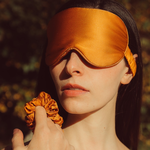 Masque pour les yeux en soie de mûrier Muraki 100 % 22 mm - Remplissage de soie dentaire - Masque de sommeil ultra doux et respirant occultant - Orange brûlé