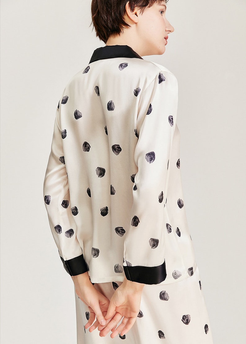 Muraki 100% Pure Mulberry Silk Long Sleeve Pajama Set Polka Dot Print Long Sleeves Pants Silk Pajama image 5