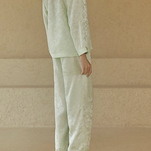 Muraki 100% 19 Momme Pure Mulberry Silk Floral Jacquard Pajama Set, Pale Lime/ Sunrise Yellow/ Pearl Pink Long Sleeves Pants Silk Pajama image 5