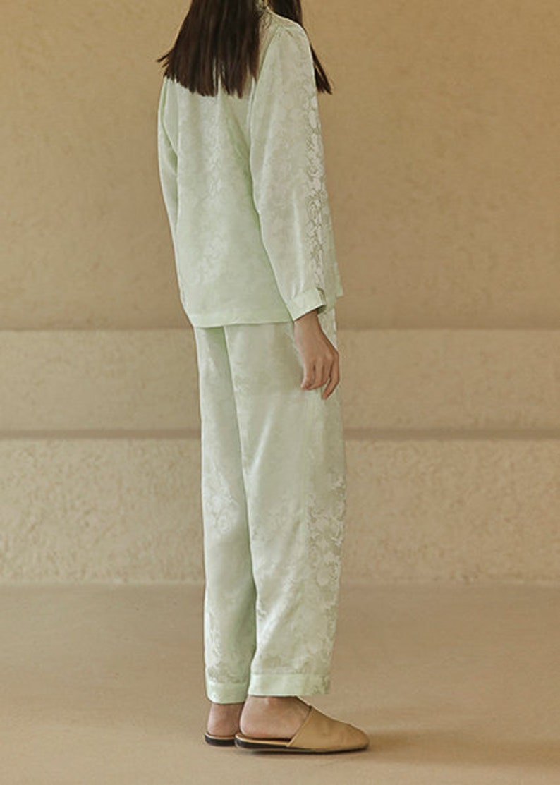 Muraki 100% 19 Momme Pure Mulberry Silk Floral Jacquard Pajama Set, Pale Lime/ Sunrise Yellow/ Pearl Pink Long Sleeves Pants Silk Pajama image 5