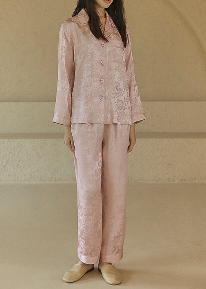 Muraki 100% 19 Momme Pure Mulberry Silk Floral Jacquard Pajama Set, Pale Lime/ Sunrise Yellow/ Pearl Pink Long Sleeves Pants Silk Pajama Pearl Pink