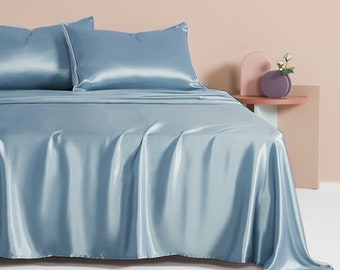 Muraki 100% 22 Momme Pure Mulberry Silk Bed Sheet- Flat Sheet & Fitted Sheet- Luxurious Silk Bedding- Sheet Set- Serenity Blue