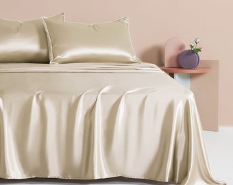 Muraki 100% 22 Momme Pure Mulberry Silk Bed Sheet- Flat Sheet / Fitted Sheet- Luxurious Silk Bedding- Sheet Set- Champagne