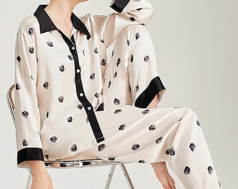 Muraki 100% Pure Mulberry Silk Long Sleeve Pajama Set- Polka Dot Print- Long Sleeves+ Pants Silk Pajama