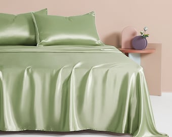 Muraki 100% 22 Momme Pure Mulberry Silk Bed Sheet- Flat Sheet & Fitted Sheet- Luxurious Silk Bedding- Sheet Sets- Sage Green