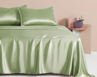 Muraki 100% 22 Momme Pure Mulberry Silk Bed Sheet- Flat Sheet & Fitted Sheet- Luxurious Silk Bedding- Sheet Sets- Sage Green