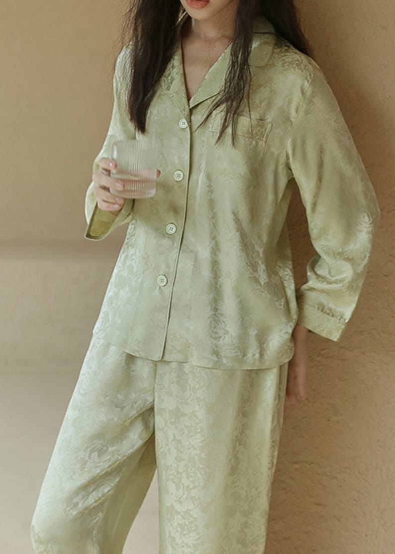 Muraki 100% 19 Momme Pure Mulberry Silk Floral Jacquard Pajama Set, Pale Lime/ Sunrise Yellow/ Pearl Pink Long Sleeves Pants Silk Pajama image 3
